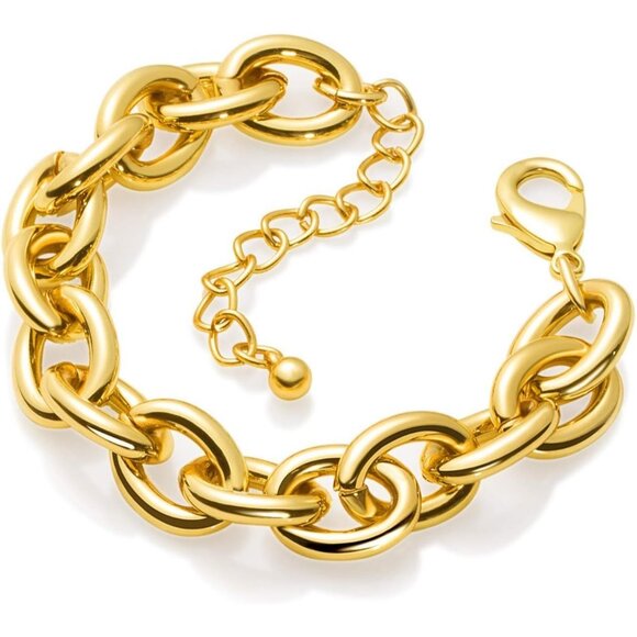 LANE WOODS Gold Bracelet for Women 14k Gold Plated Chunky Thick Large Link Chain - Picture 1 of 7